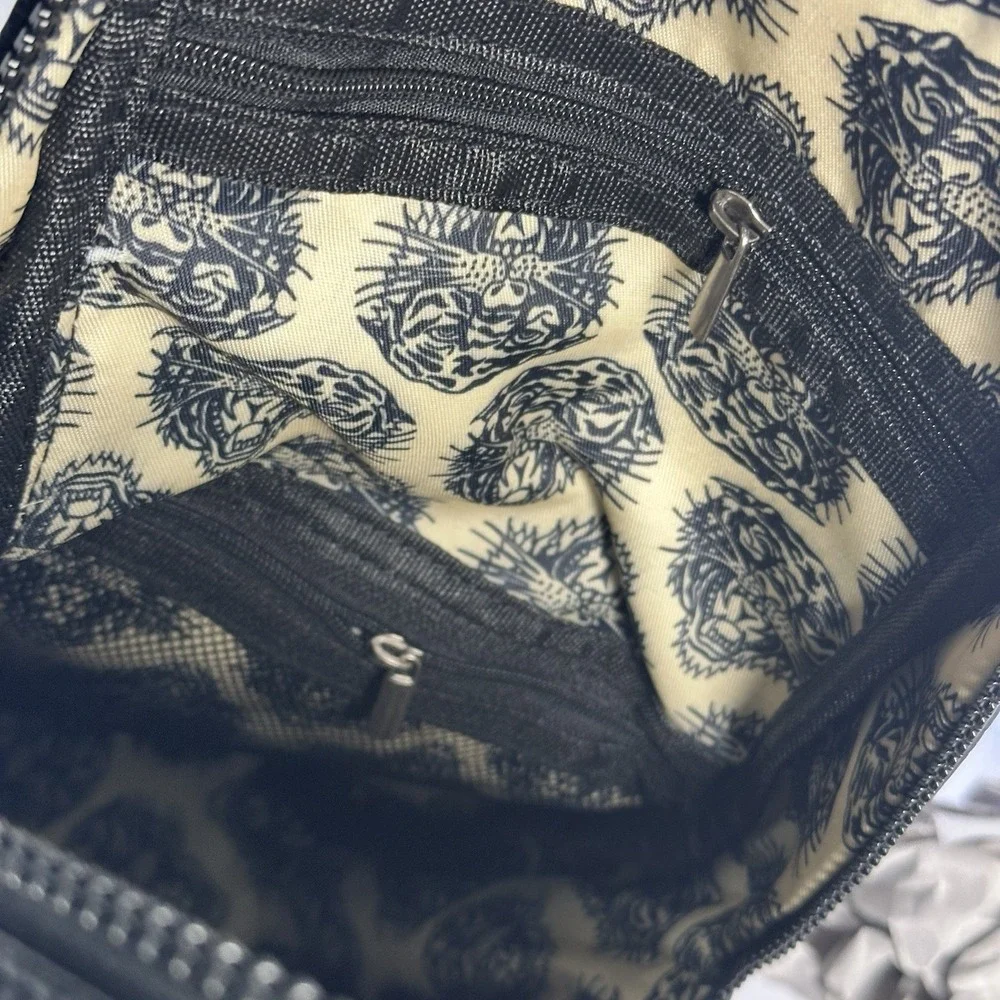 Ed Hardy Mens Black Pebbled Sling Backpack Eagle Skull Tattoo Graphic Bag